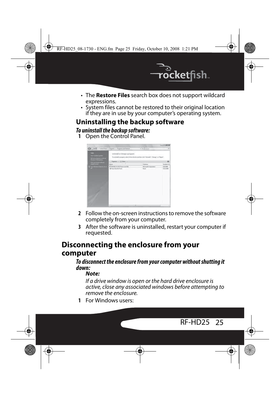 Uninstalling the backup software, Disconnecting the enclosure from your computer, 25 rf-hd25 | RocketFish RF-HD25 User Manual | Page 27 / 36