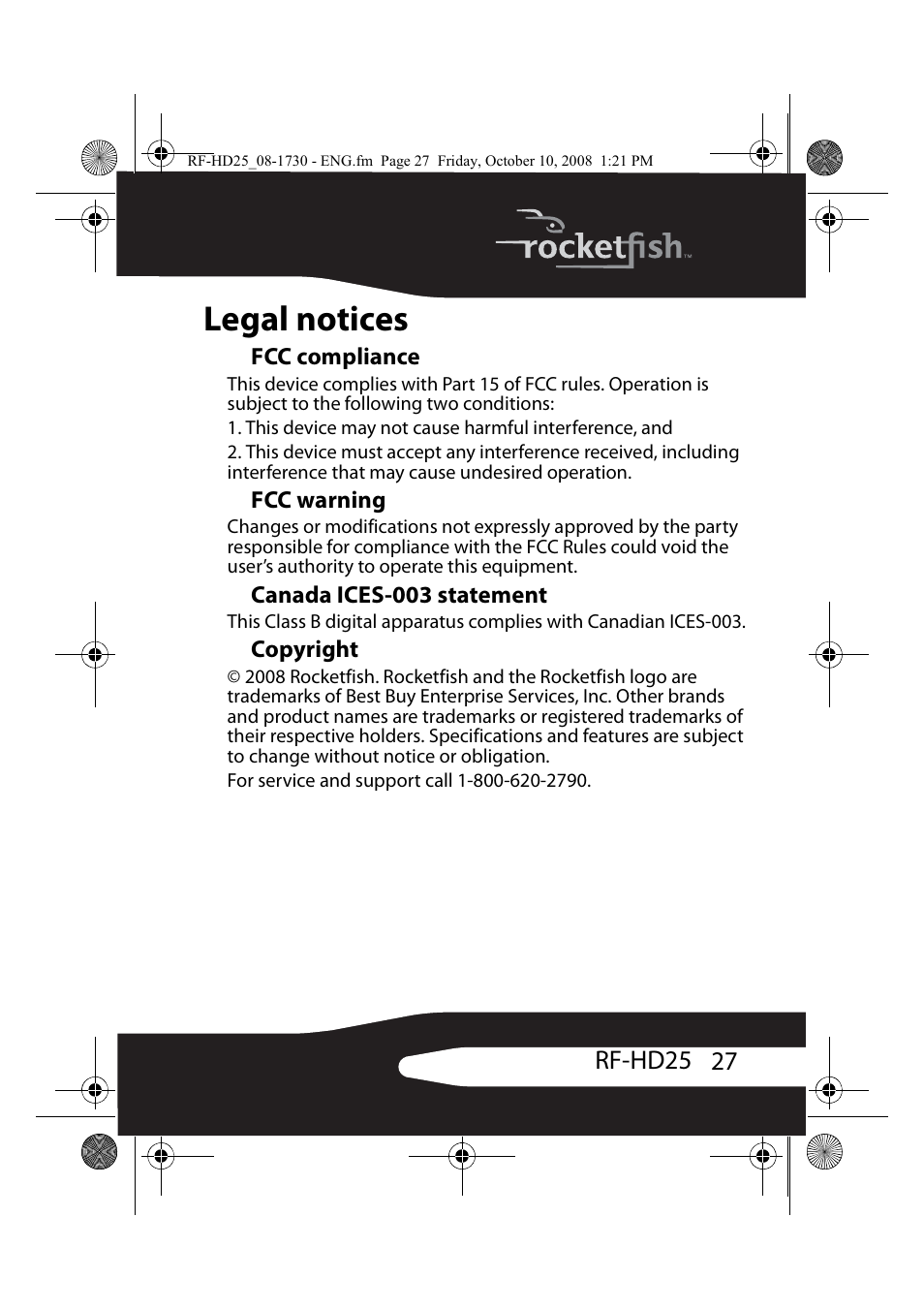Legal notices, Fcc compliance, Fcc warning | Canada ices-003 statement, Copyright, 27 rf-hd25 | RocketFish RF-HD25 User Manual | Page 29 / 36