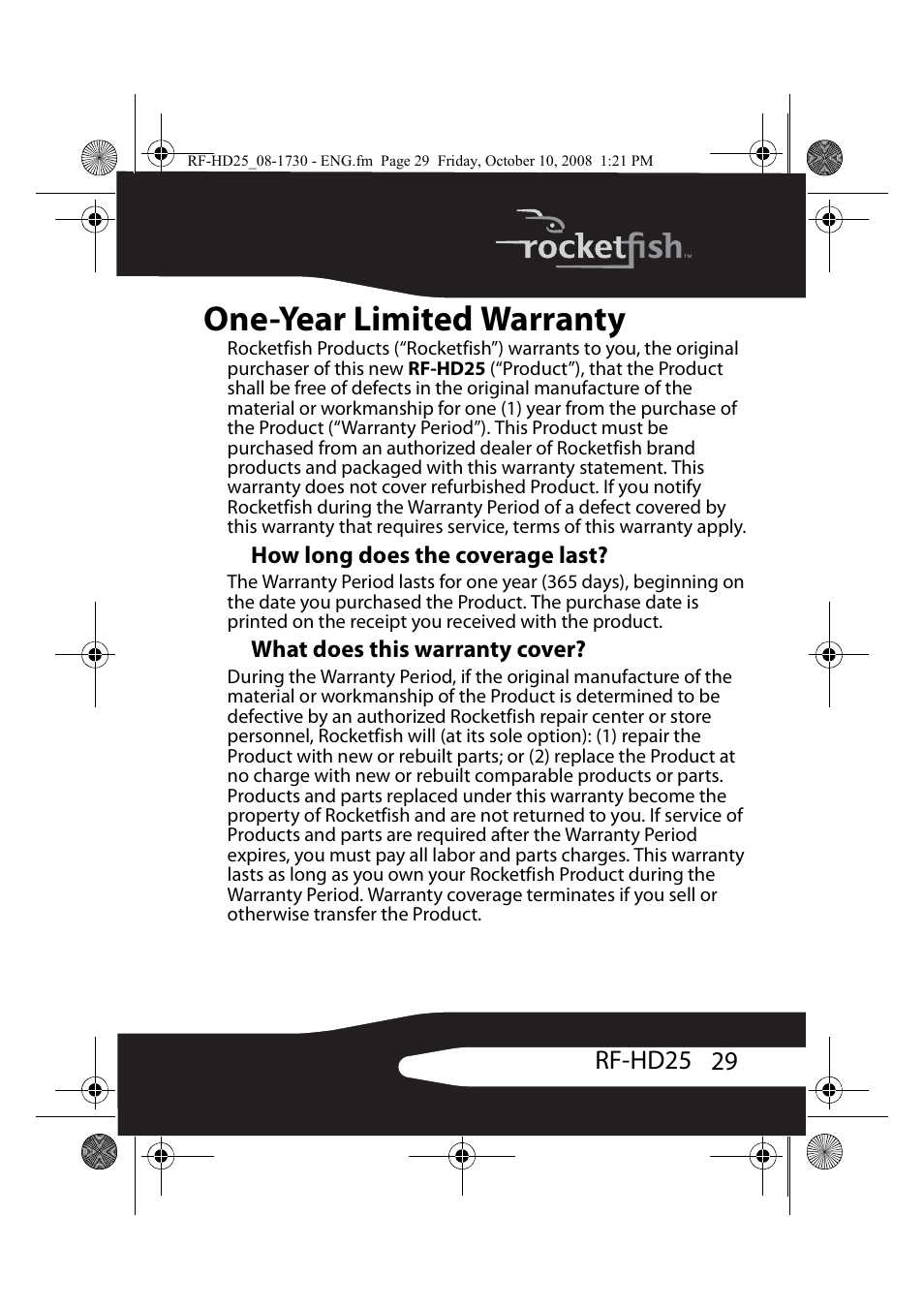 One-year limited warranty, How long does the coverage last, What does this warranty cover | RocketFish RF-HD25 User Manual | Page 31 / 36