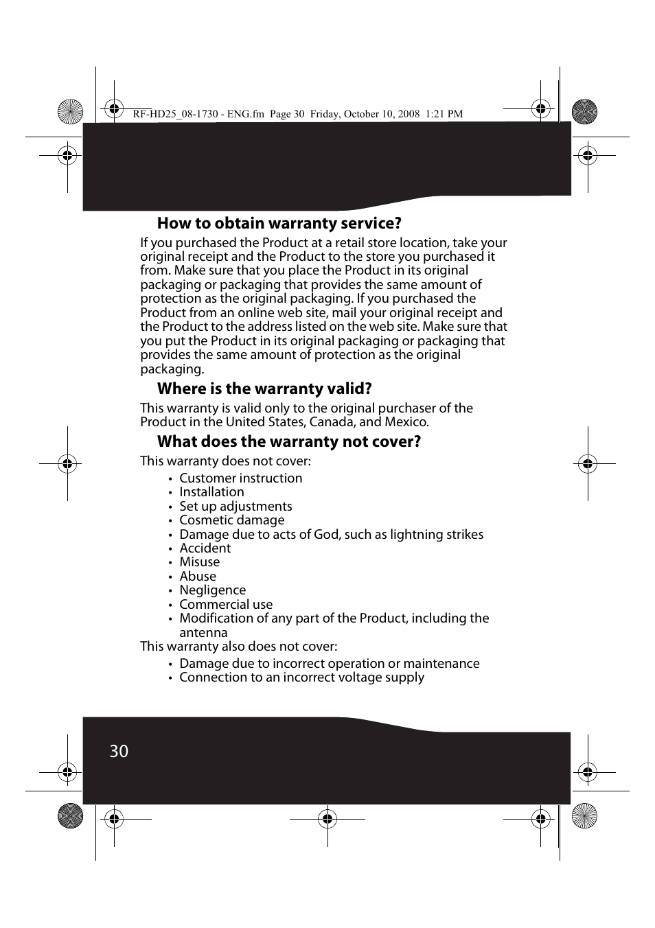 How to obtain warranty service, Where is the warranty valid, What does the warranty not cover | RocketFish RF-HD25 User Manual | Page 32 / 36