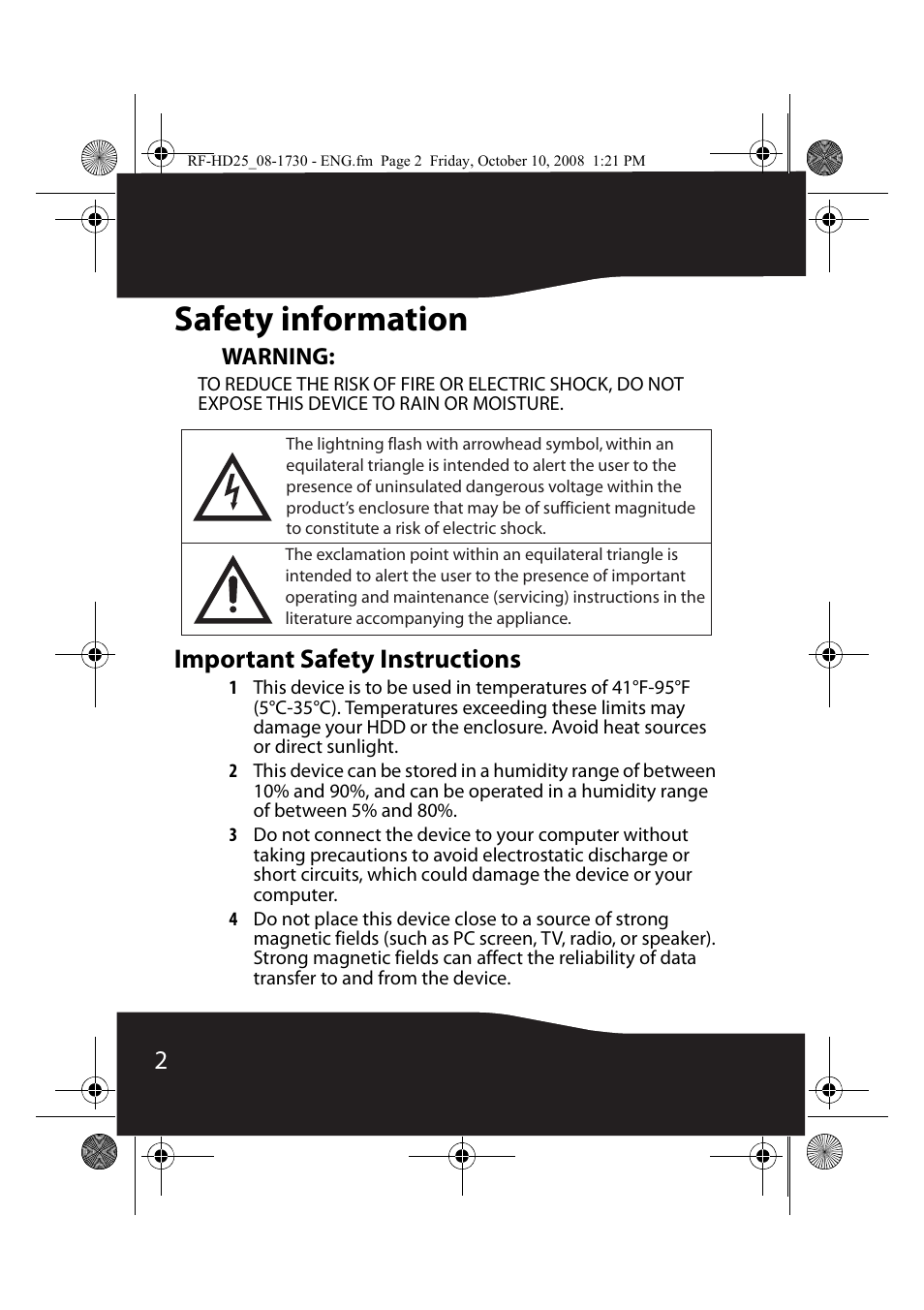 Safety information, Warning, Important safety instructions | RocketFish RF-HD25 User Manual | Page 4 / 36