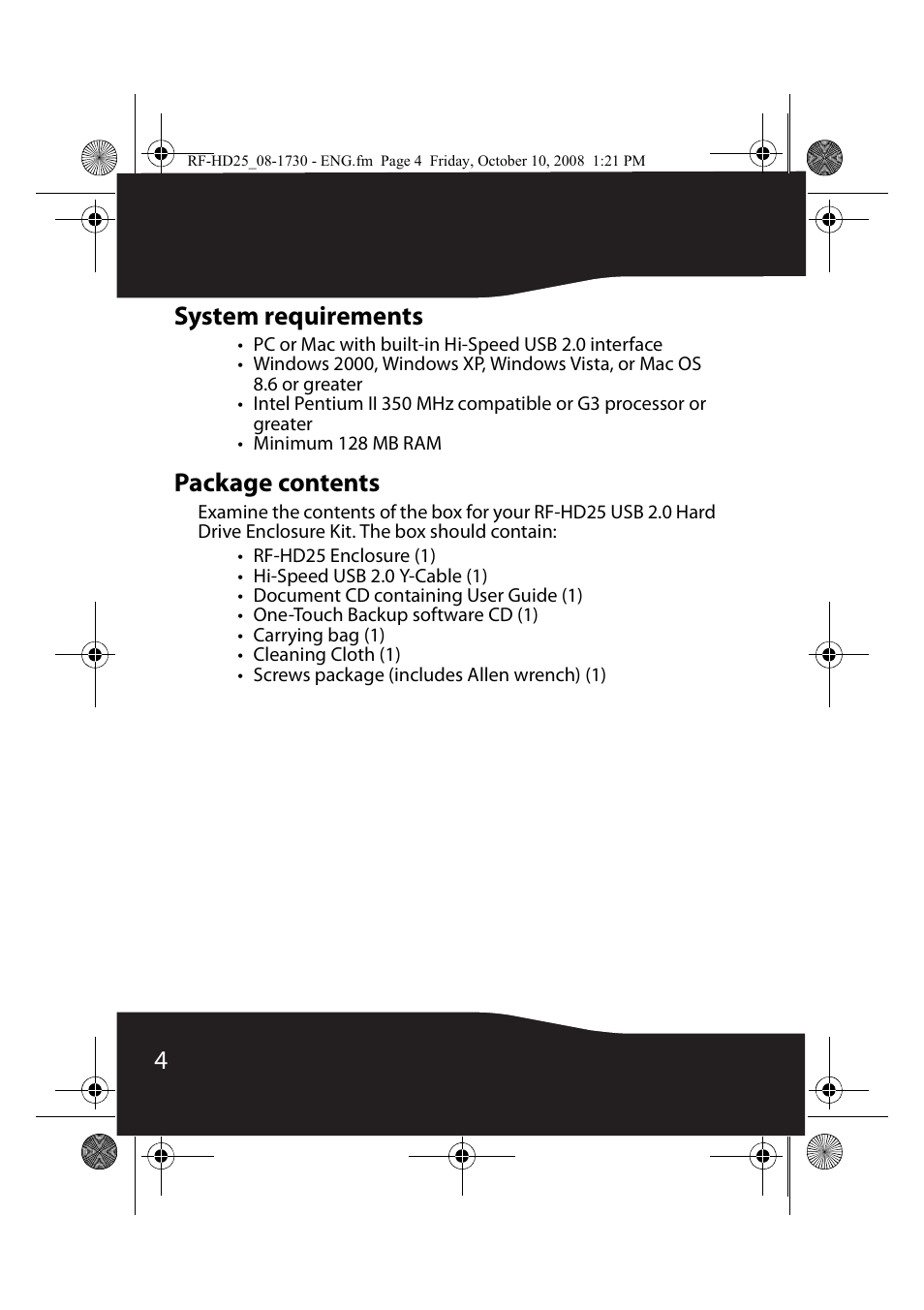 System requirements, Package contents, 4system requirements | RocketFish RF-HD25 User Manual | Page 6 / 36