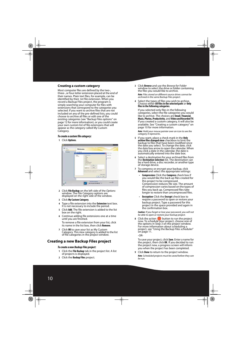 Creating a custom category, Creating a new backup files project | RocketFish RF-HD3025 User Manual | Page 10 / 16