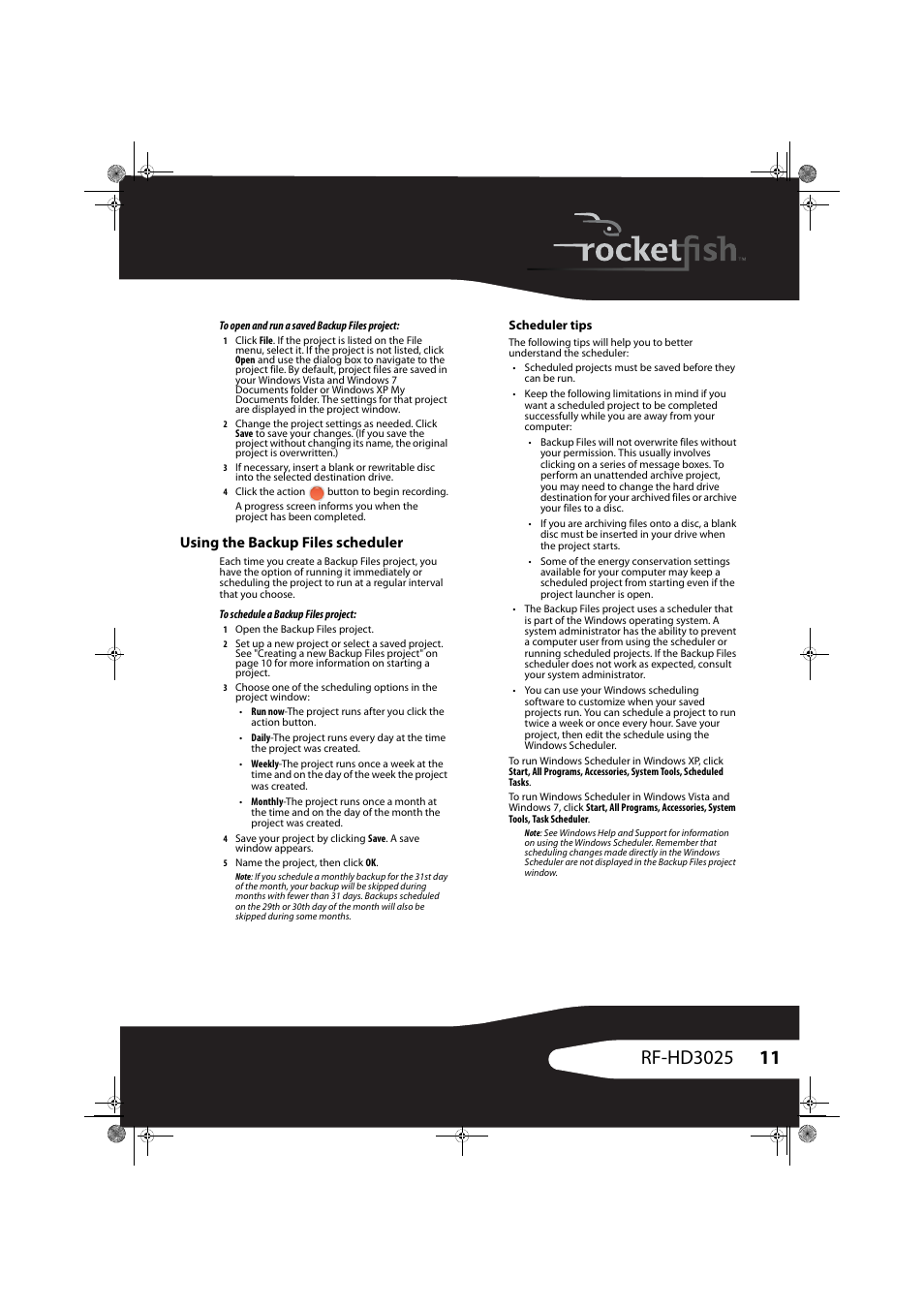 Using the backup files scheduler, Scheduler tips | RocketFish RF-HD3025 User Manual | Page 11 / 16