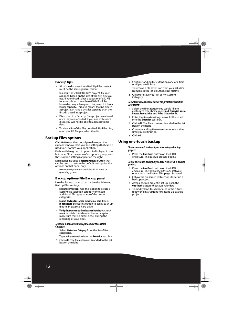 Backup tips, Backup files options, Backup options-file backup panel | Using one-touch backup, Ies (see “backup files options | RocketFish RF-HD3025 User Manual | Page 12 / 16