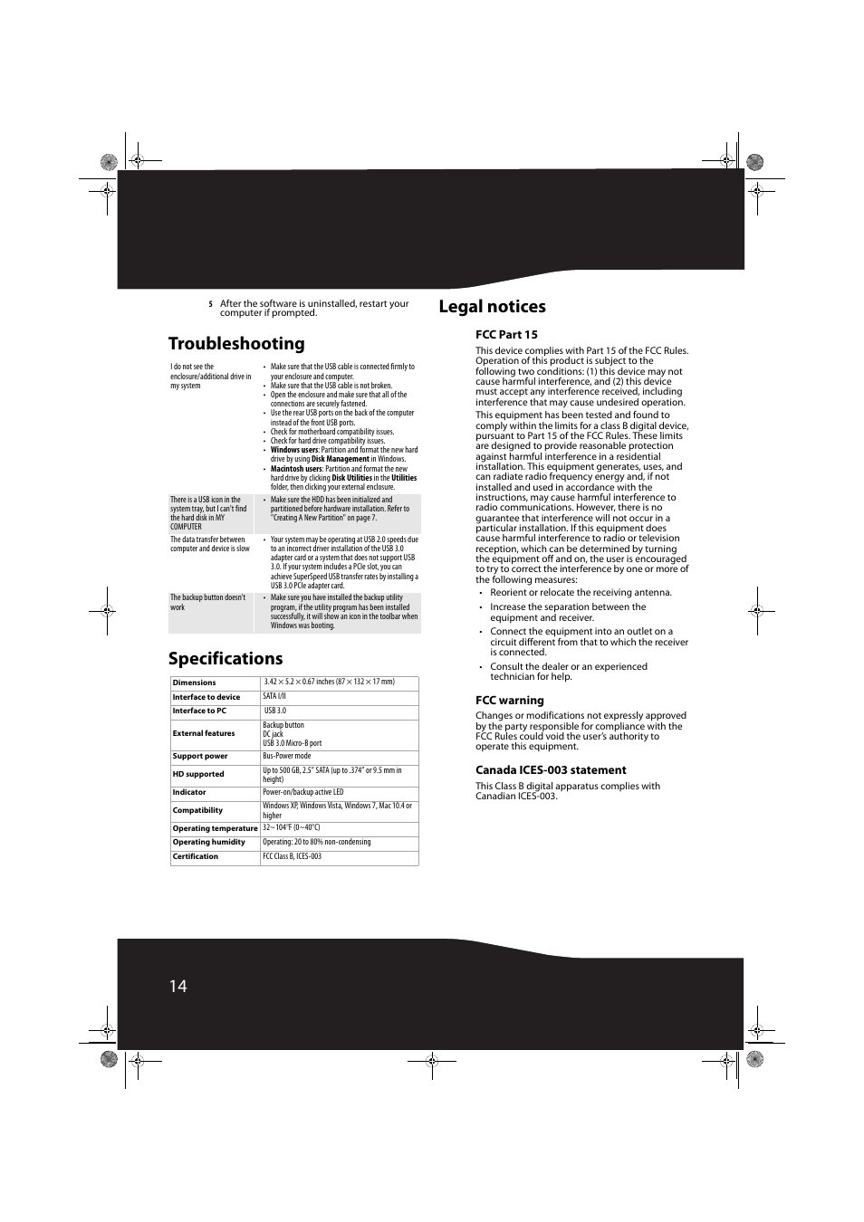 Troubleshooting, Specifications, Legal notices | Fcc part 15, Fcc warning, Canada ices-003 statement, Troubleshooting specifications legal notices | RocketFish RF-HD3025 User Manual | Page 14 / 16