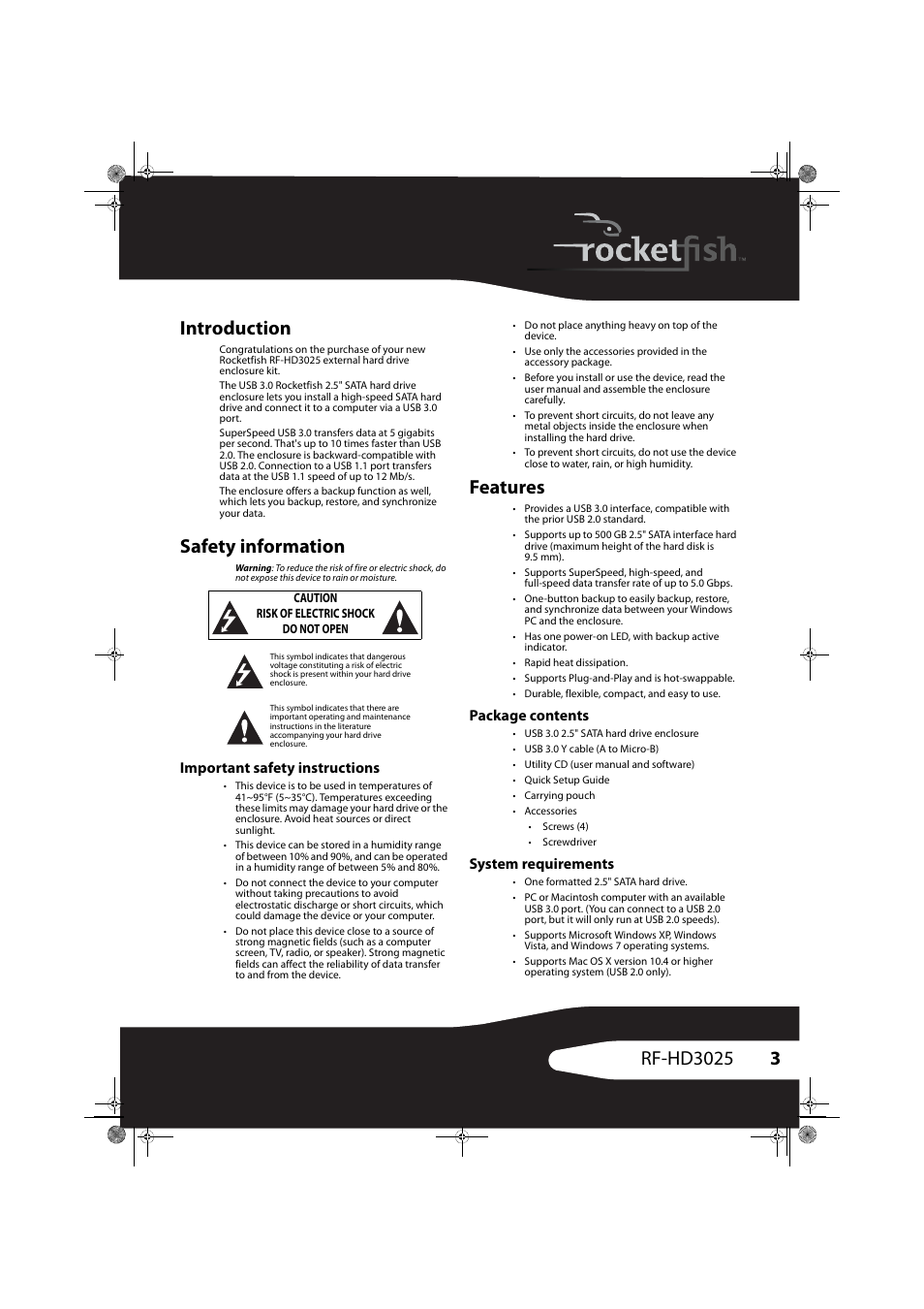 Introduction, Safety information, Important safety instructions | Features, Package contents, System requirements, Package contents system requirements | RocketFish RF-HD3025 User Manual | Page 3 / 16