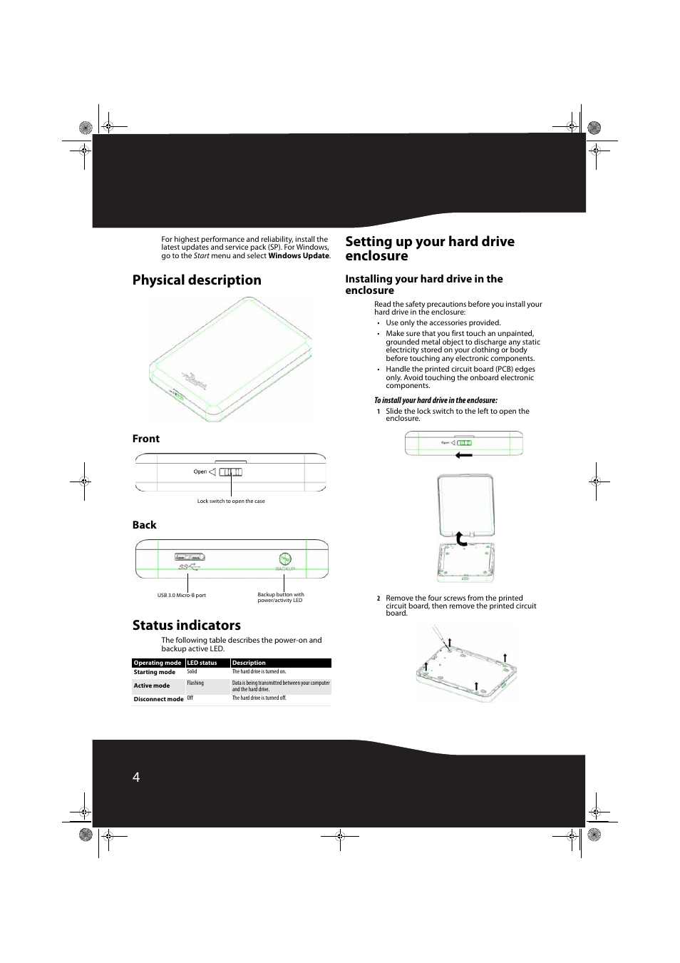 Physical description, Front, Back | Status indicators, Setting up your hard drive enclosure, Installing your hard drive in the enclosure, Front back | RocketFish RF-HD3025 User Manual | Page 4 / 16