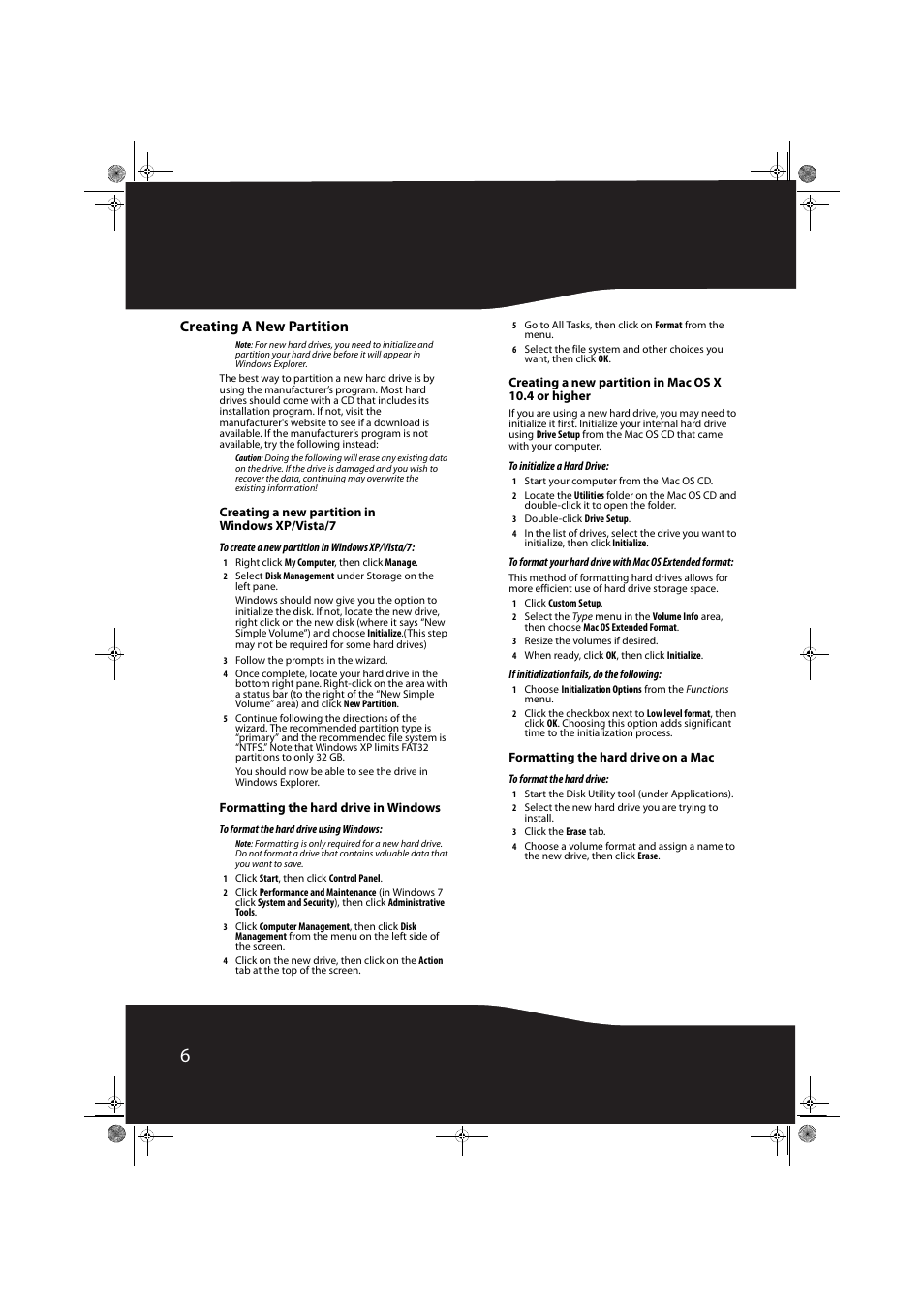 Creating a new partition, Creating a new partition in windows xp/vista/7, Formatting the hard drive in windows | Formatting the hard drive on a mac | RocketFish RF-HD3025 User Manual | Page 6 / 16