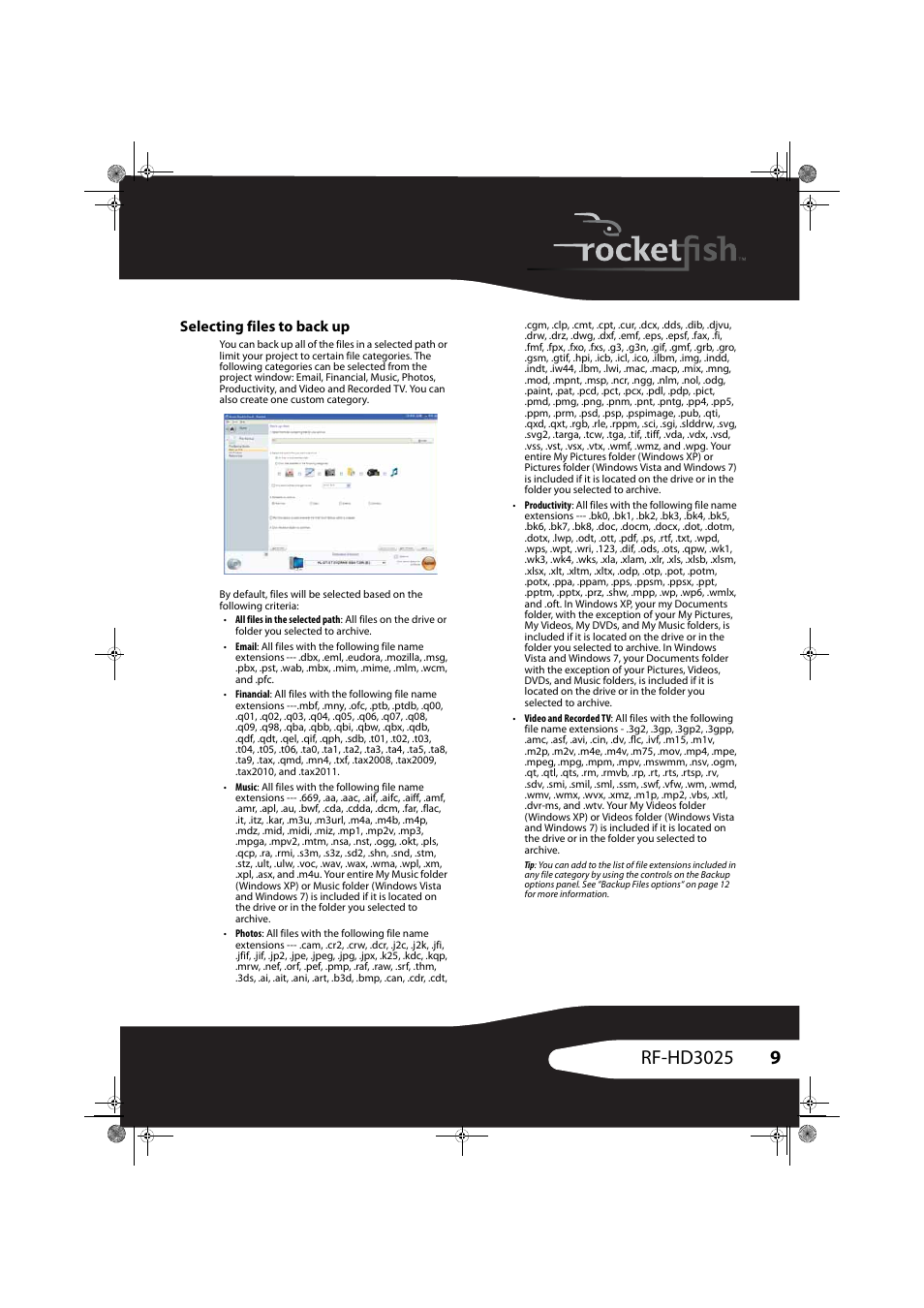 Selecting files to back up | RocketFish RF-HD3025 User Manual | Page 9 / 16