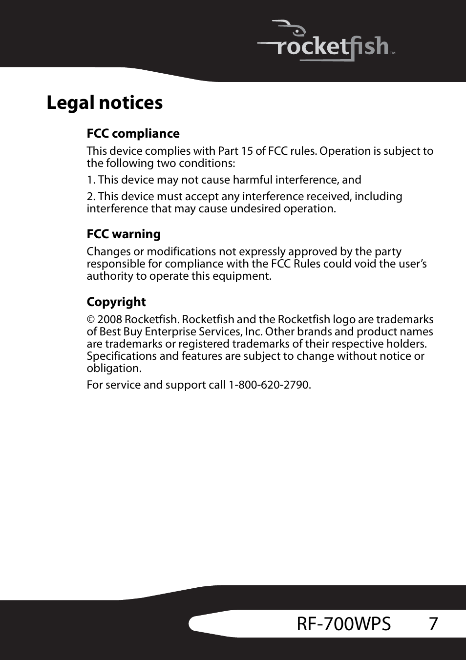 Legal notices, Fcc compliance, Fcc warning | Copyright, 7rf-700wps legal notices | RocketFish RF-700WPS User Manual | Page 7 / 12