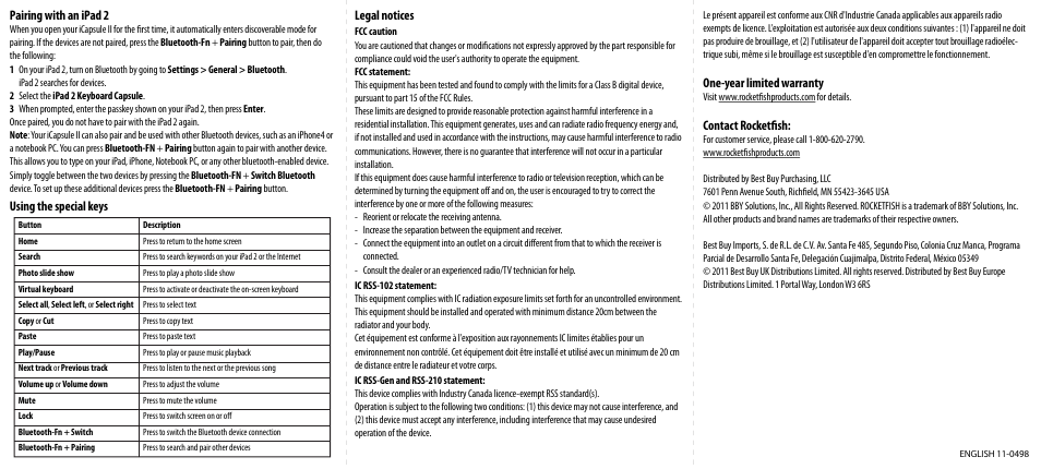 Pairing with an ipad 2, Using the special keys legal notices, One-year limited warranty | Contact rocketfish | RocketFish RF-ICAP14 User Manual | Page 2 / 2