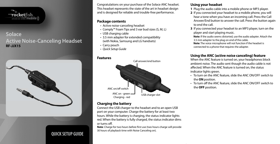 RocketFish SOLACE RF-JJX15 User Manual | 2 pages