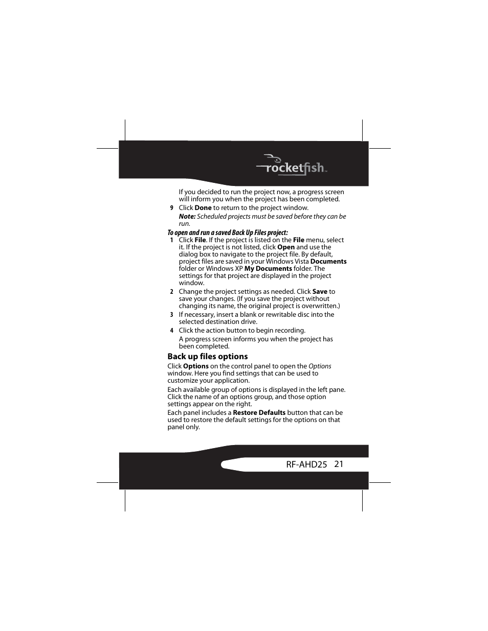 Back up files options, Ge 21 | RocketFish RF-AHD25 User Manual | Page 21 / 96