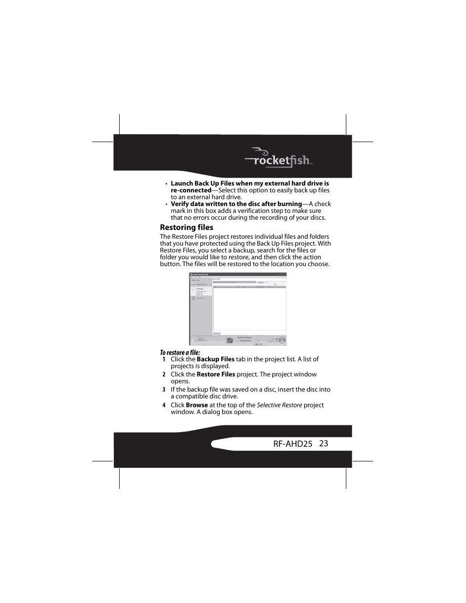 Restoring files | RocketFish RF-AHD25 User Manual | Page 23 / 96