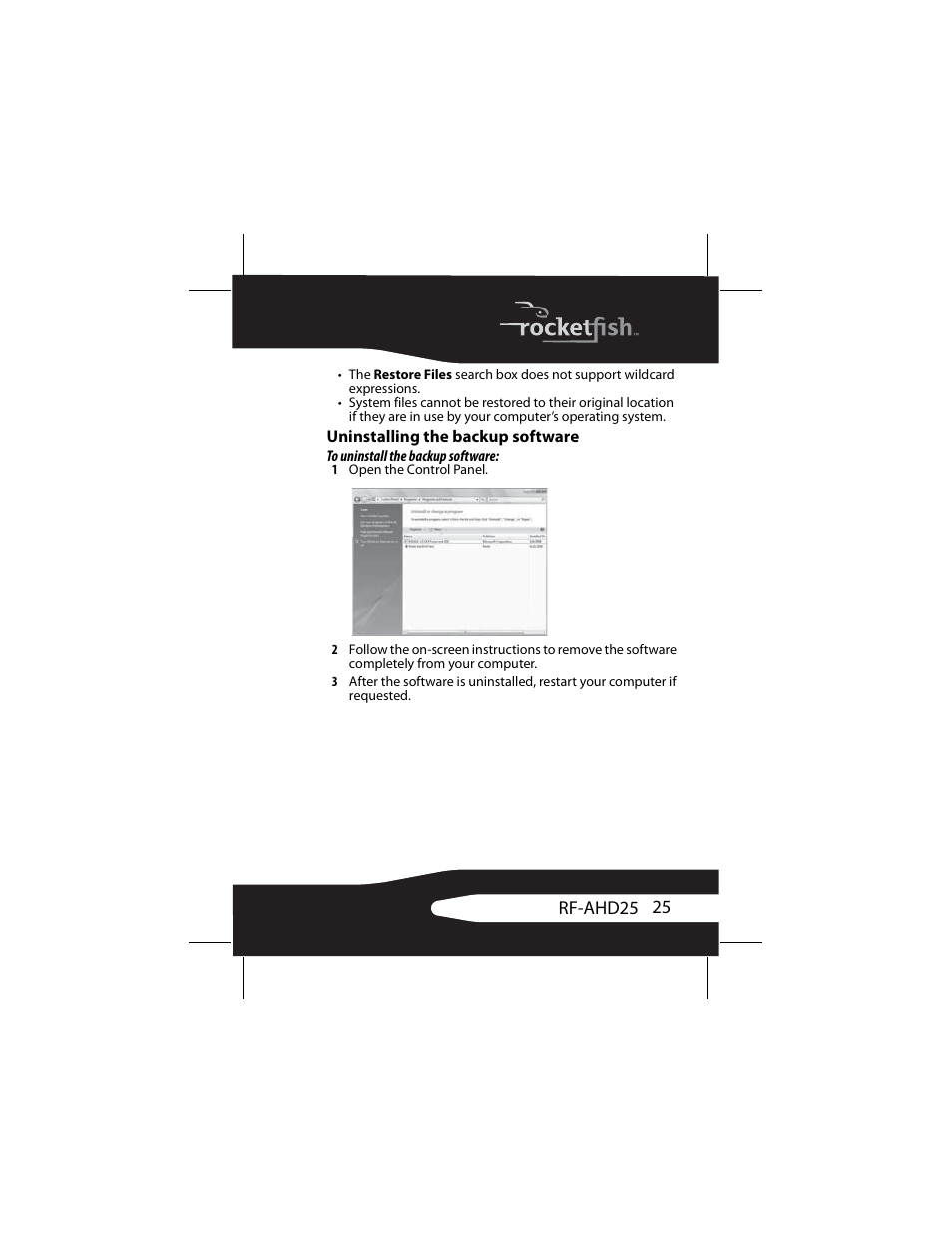 Uninstalling the backup software | RocketFish RF-AHD25 User Manual | Page 25 / 96