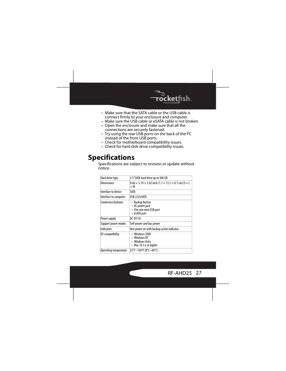 Specifications, 27 rf-ahd25 | RocketFish RF-AHD25 User Manual | Page 27 / 96