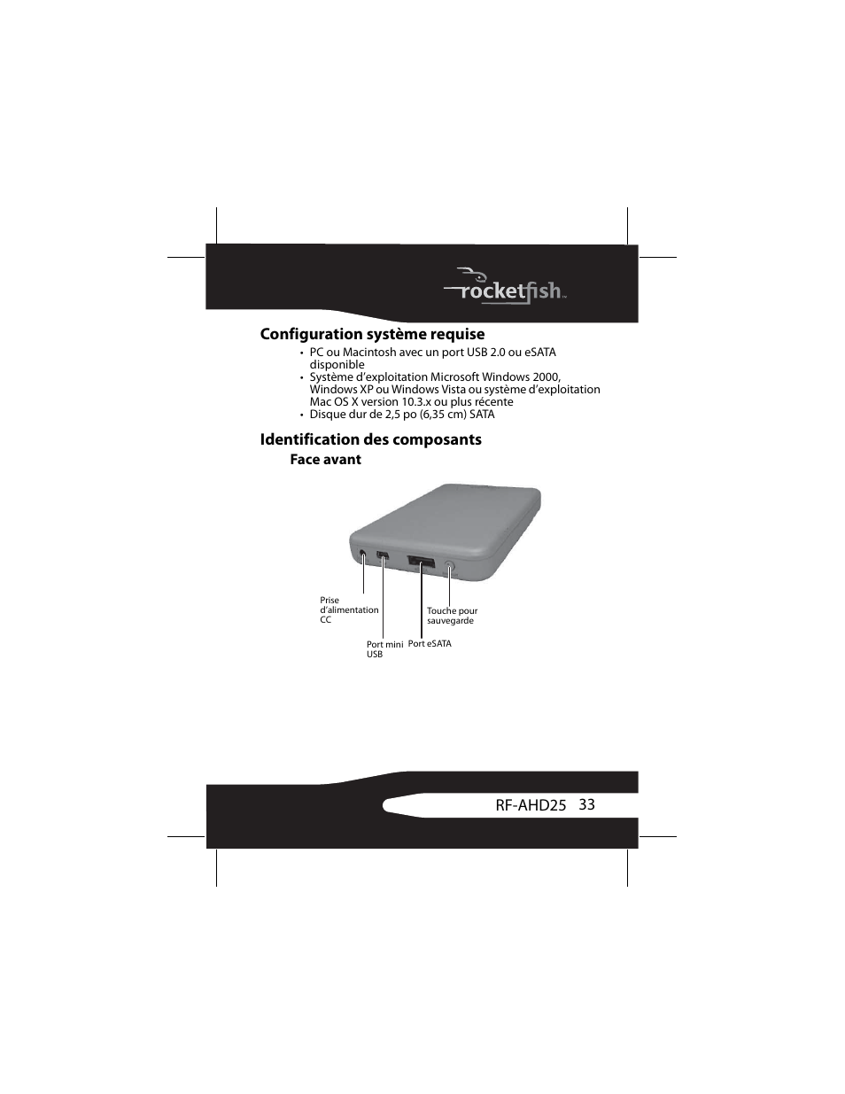 Configuration système requise, Identification des composants, Face avant | 33 rf-ahd25 configuration système requise | RocketFish RF-AHD25 User Manual | Page 33 / 96