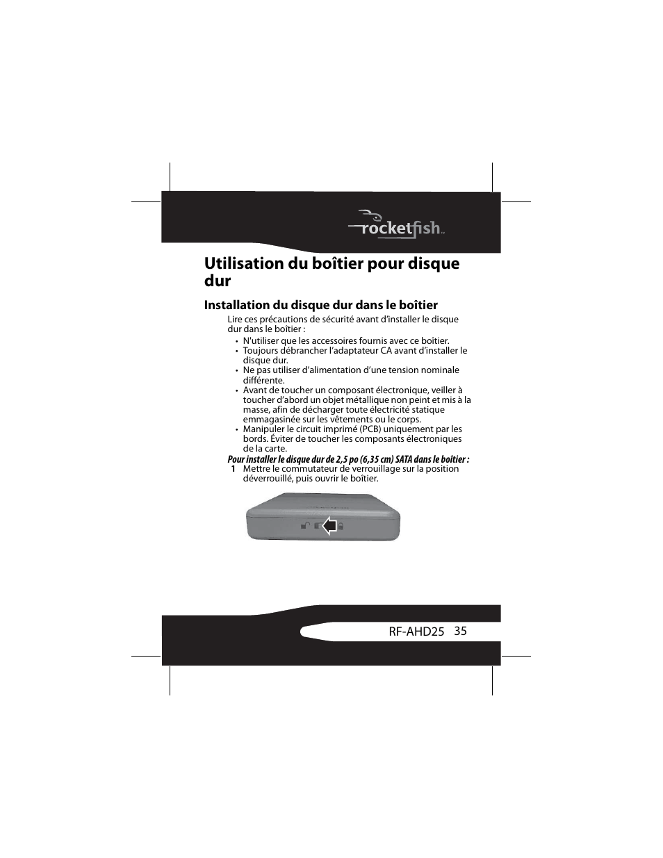 Utilisation du boîtier pour disque dur, Installation du disque dur dans le boîtier | RocketFish RF-AHD25 User Manual | Page 35 / 96