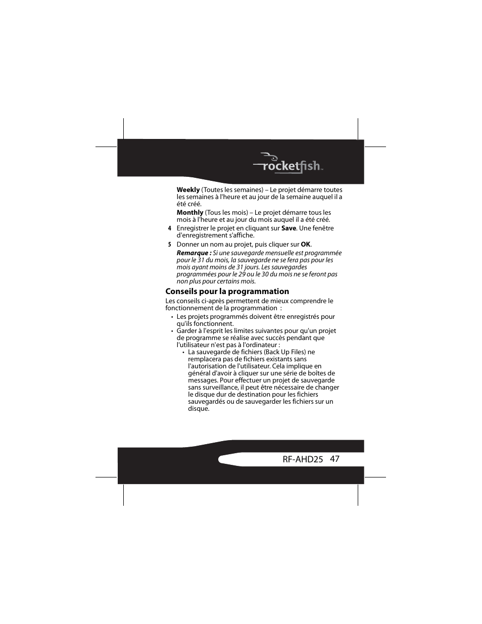 Conseils pour la programmation | RocketFish RF-AHD25 User Manual | Page 47 / 96
