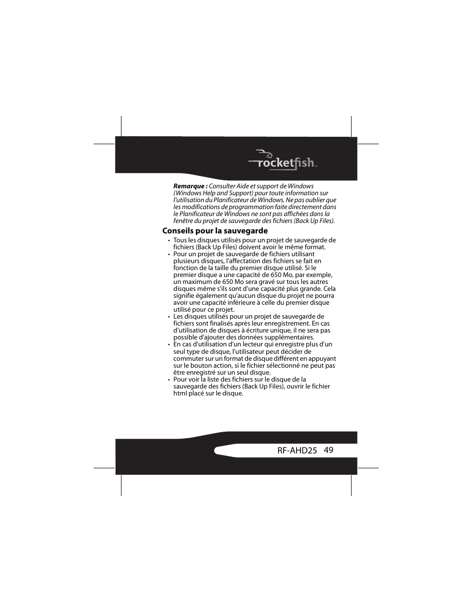 Conseils pour la sauvegarde | RocketFish RF-AHD25 User Manual | Page 49 / 96