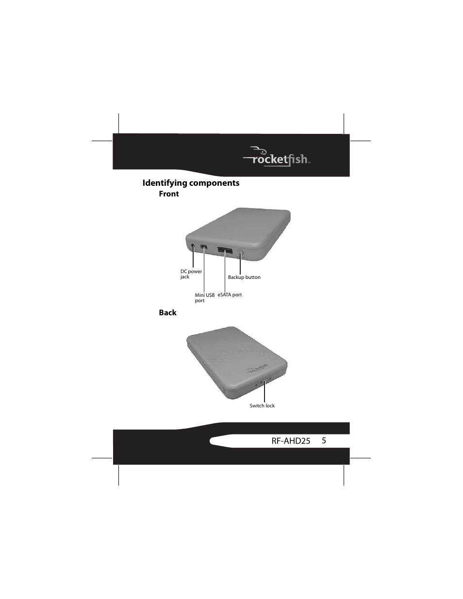 Identifying components, Front, Back | 5rf-ahd25 identifying components | RocketFish RF-AHD25 User Manual | Page 5 / 96