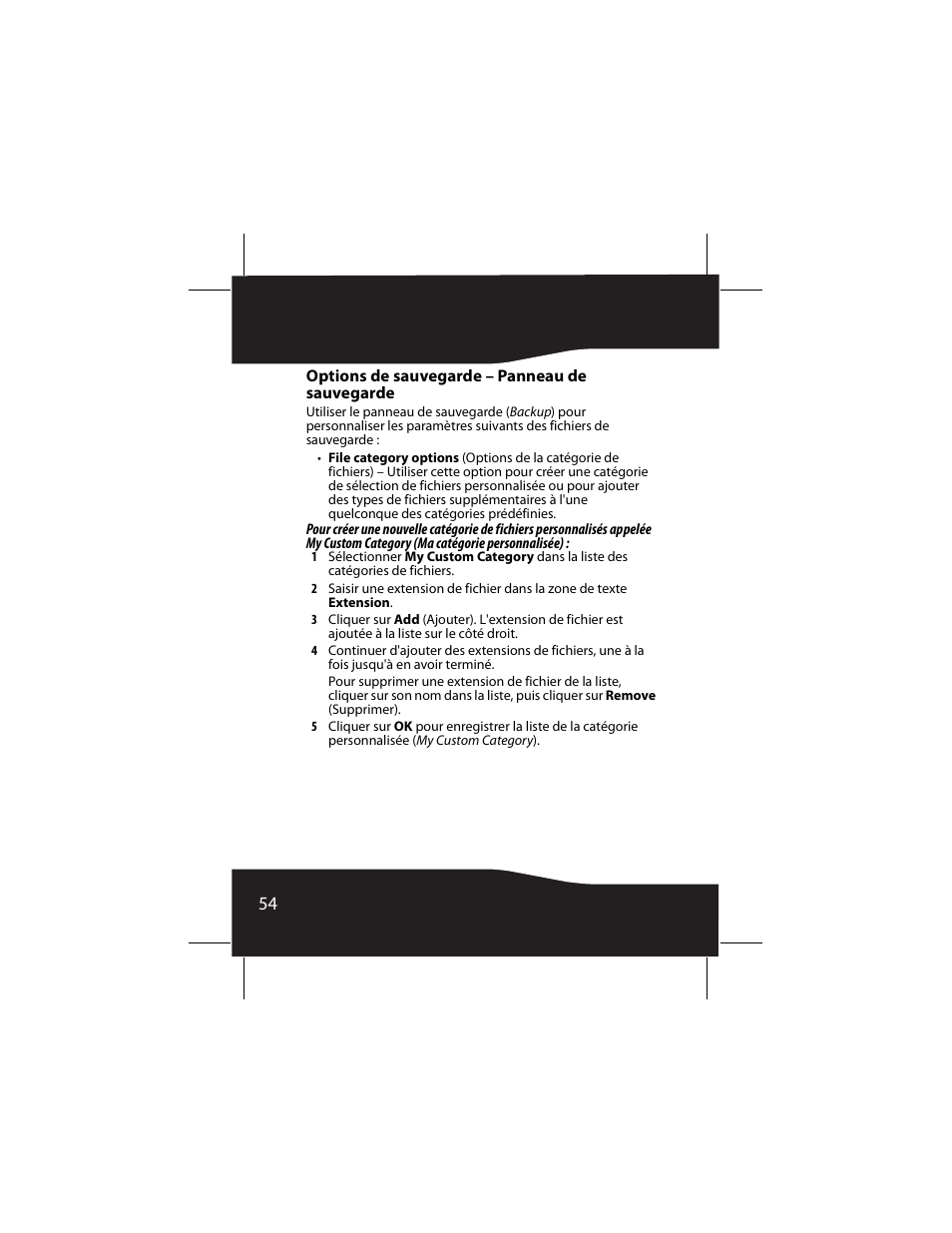 Options de sauvegarde – panneau de sauvegarde | RocketFish RF-AHD25 User Manual | Page 54 / 96