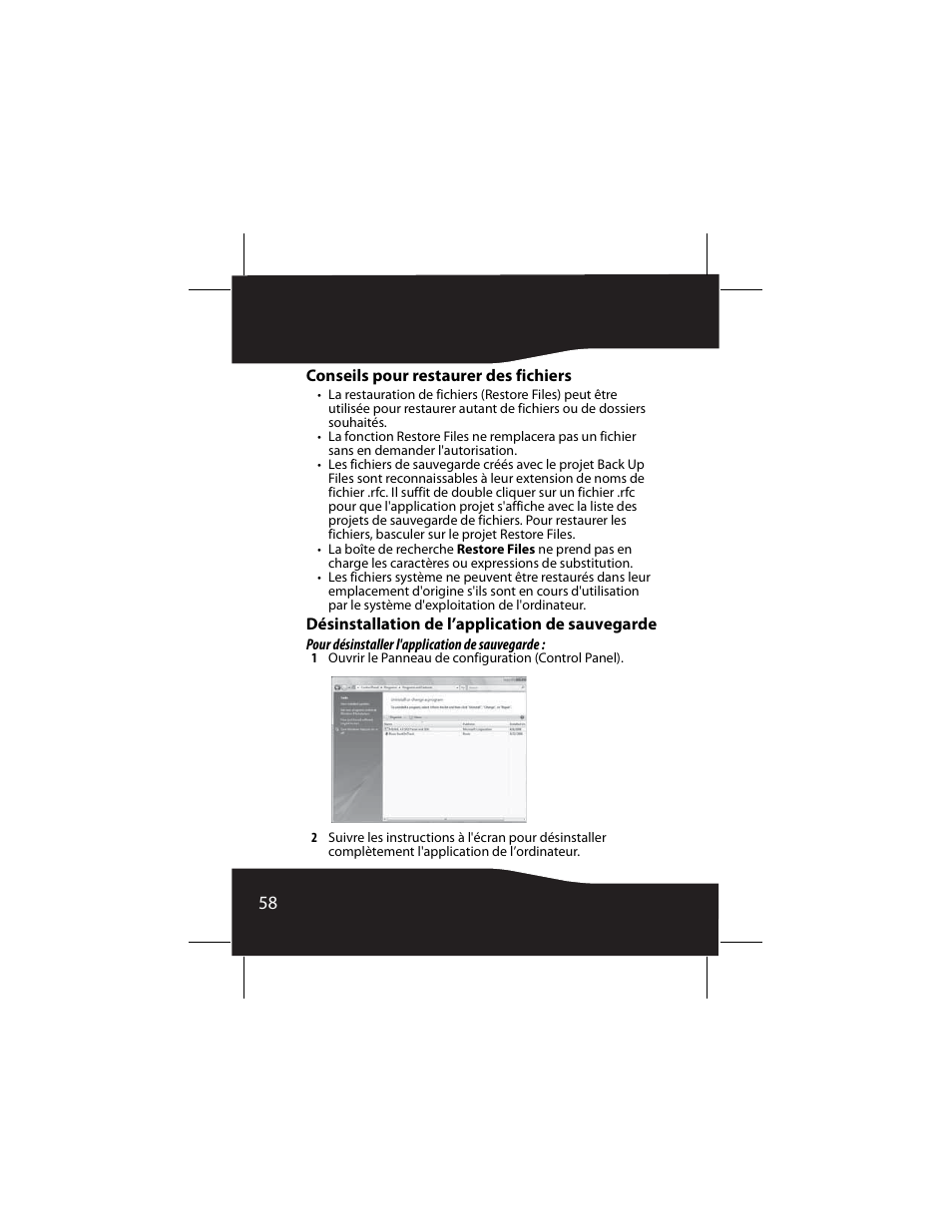 Conseils pour restaurer des fichiers, Désinstallation de l’application de sauvegarde | RocketFish RF-AHD25 User Manual | Page 58 / 96