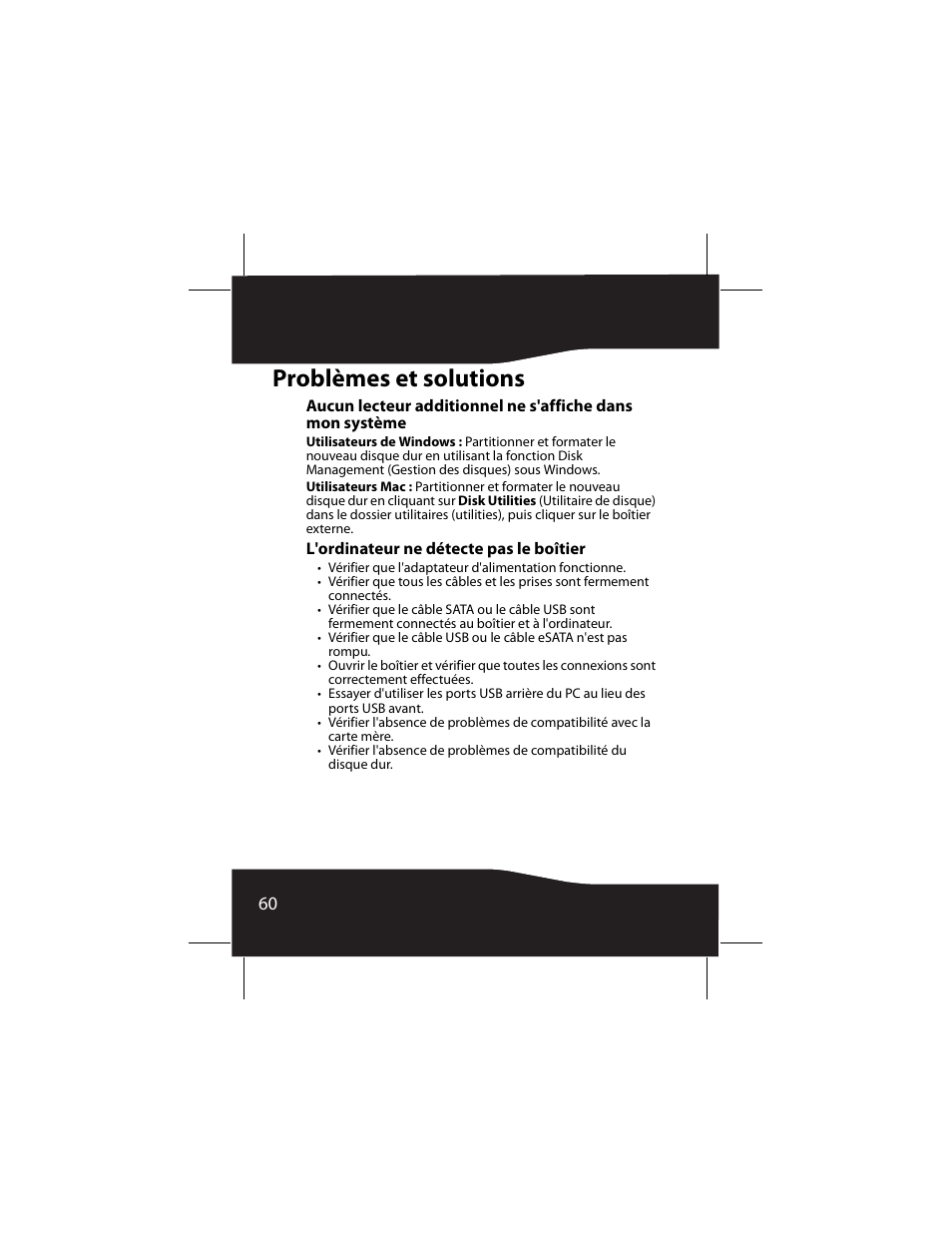 Problèmes et solutions, L'ordinateur ne détecte pas le boîtier | RocketFish RF-AHD25 User Manual | Page 60 / 96