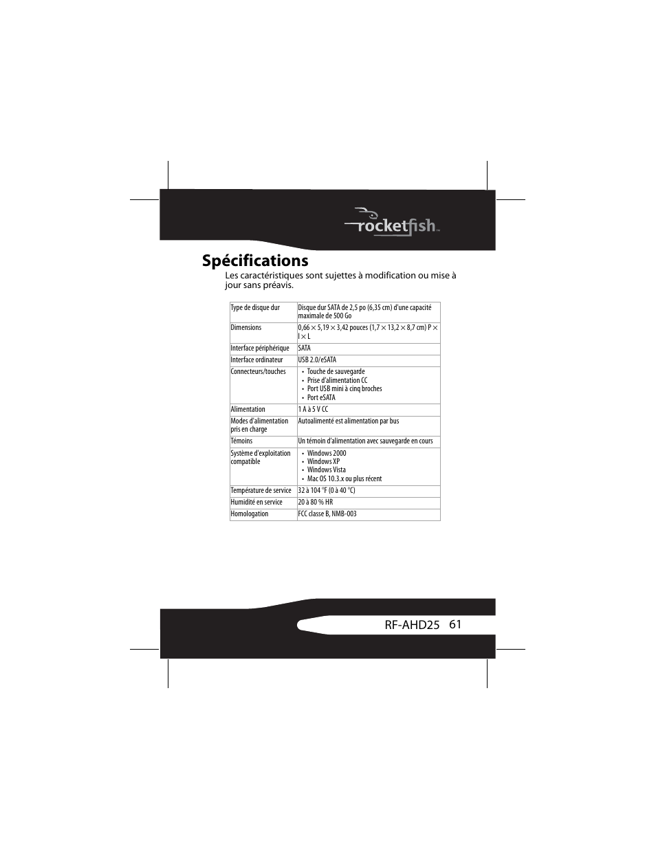 Spécifications, 61 rf-ahd25 | RocketFish RF-AHD25 User Manual | Page 61 / 96