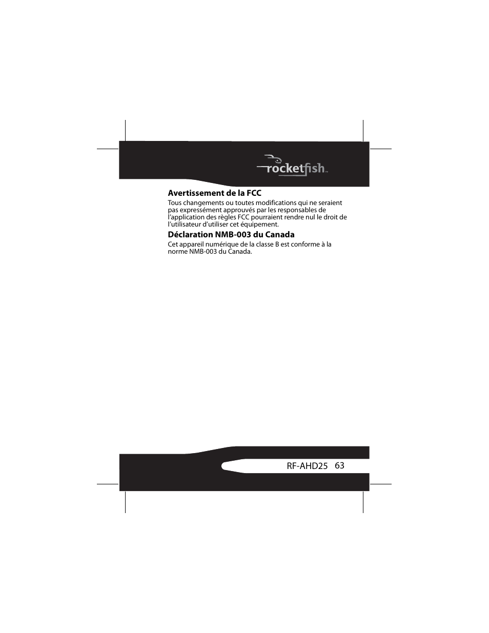 Avertissement de la fcc, Déclaration nmb-003 du canada | RocketFish RF-AHD25 User Manual | Page 63 / 96