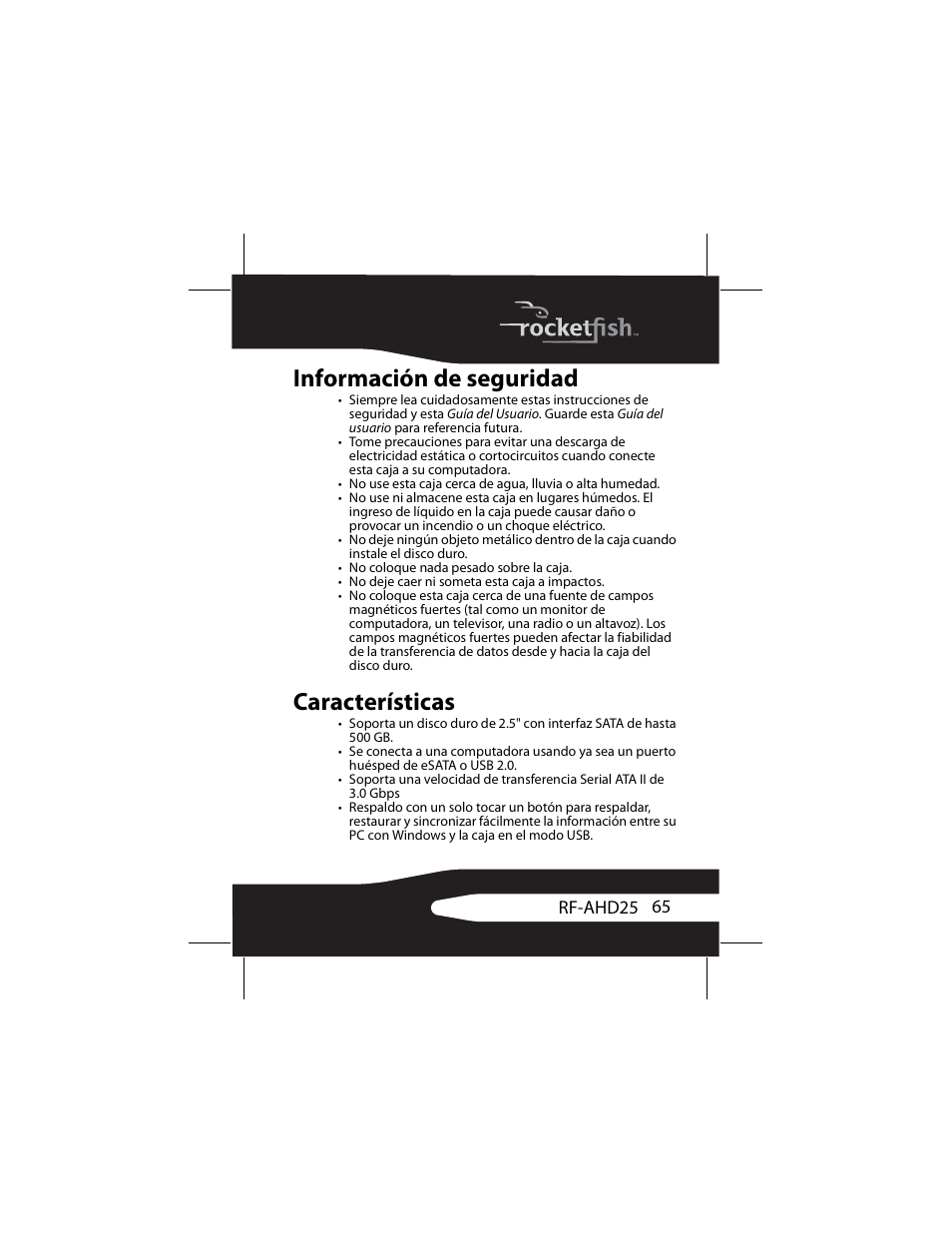 Información de seguridad, Características, Información de seguridad características | RocketFish RF-AHD25 User Manual | Page 65 / 96