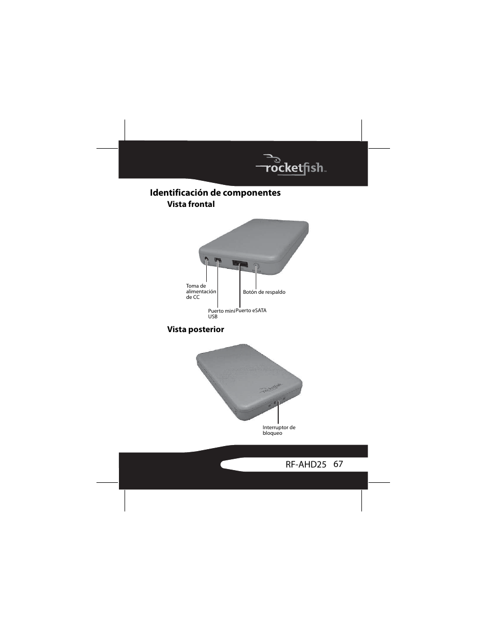 Identificación de componentes, Vista frontal, Vista posterior | 67 rf-ahd25 identificación de componentes | RocketFish RF-AHD25 User Manual | Page 67 / 96