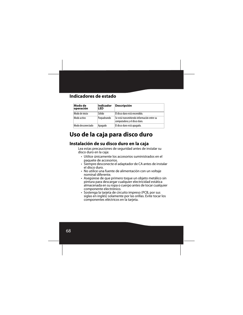 Indicadores de estado, Uso de la caja para disco duro, Instalación de su disco duro en la caja | 68 indicadores de estado | RocketFish RF-AHD25 User Manual | Page 68 / 96