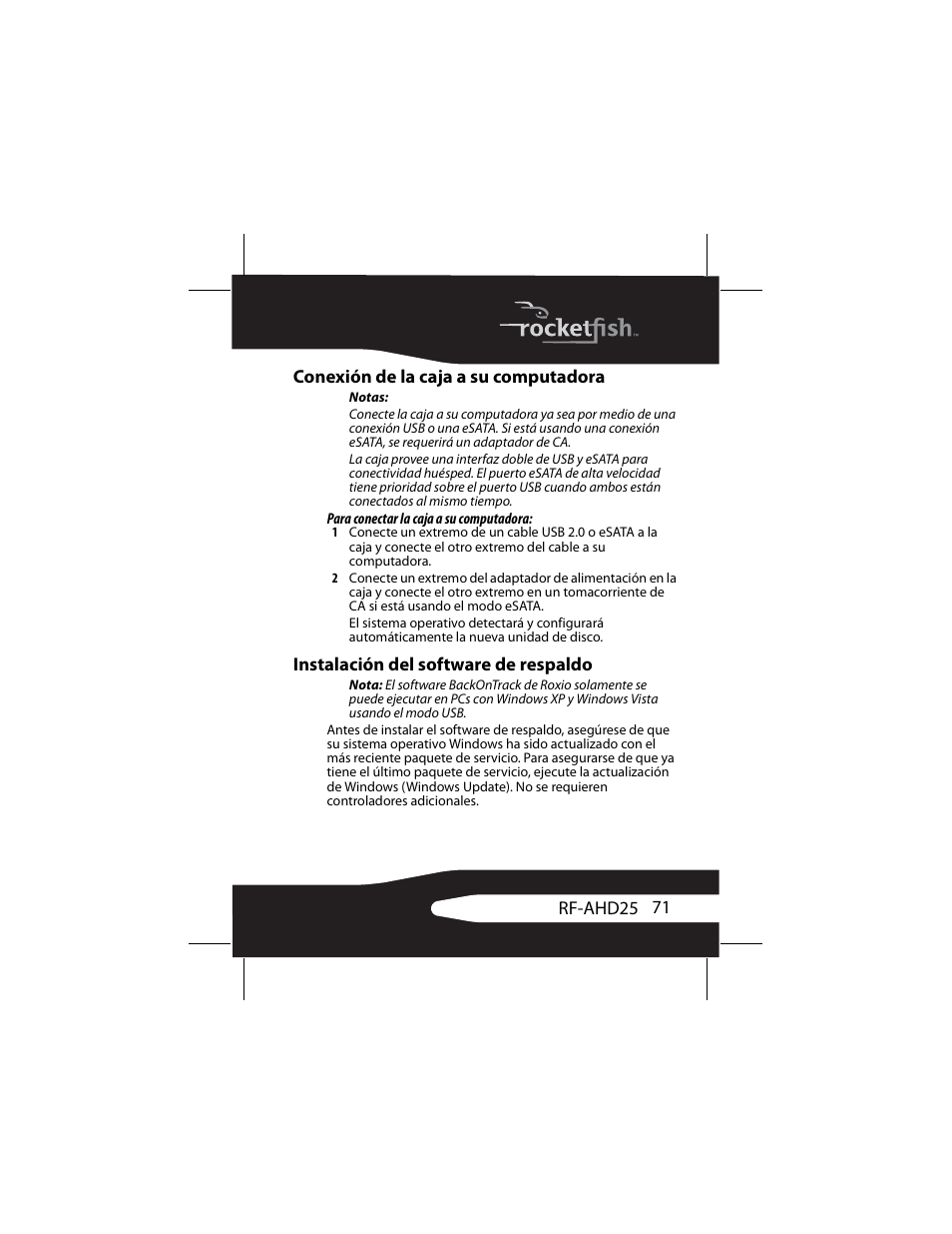 Conexión de la caja a su computadora, Instalación del software de respaldo | RocketFish RF-AHD25 User Manual | Page 71 / 96