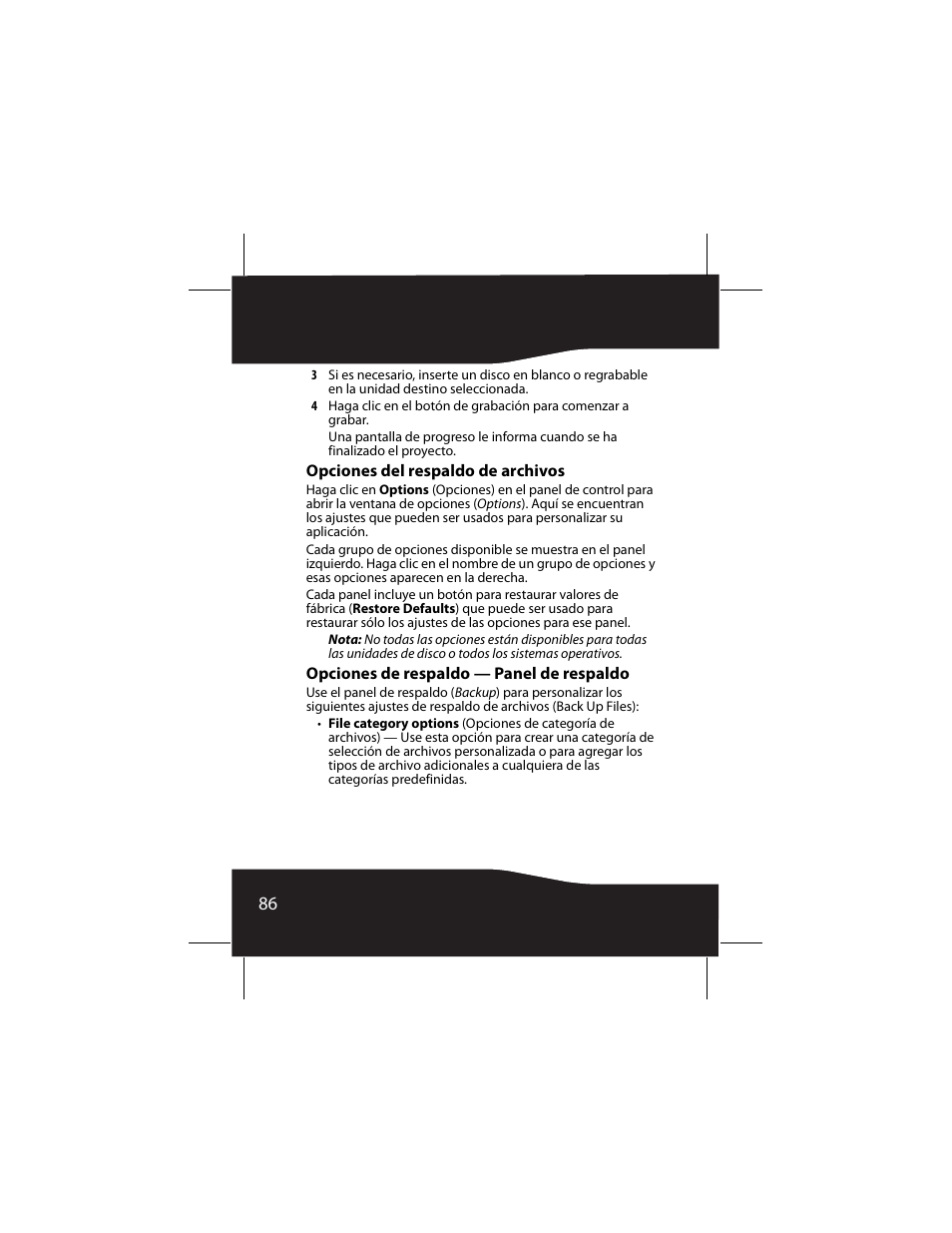 Opciones del respaldo de archivos, Opciones de respaldo — panel de respaldo, Opciones del respaldo de archivos” en | Na 86, 86 p | RocketFish RF-AHD25 User Manual | Page 86 / 96