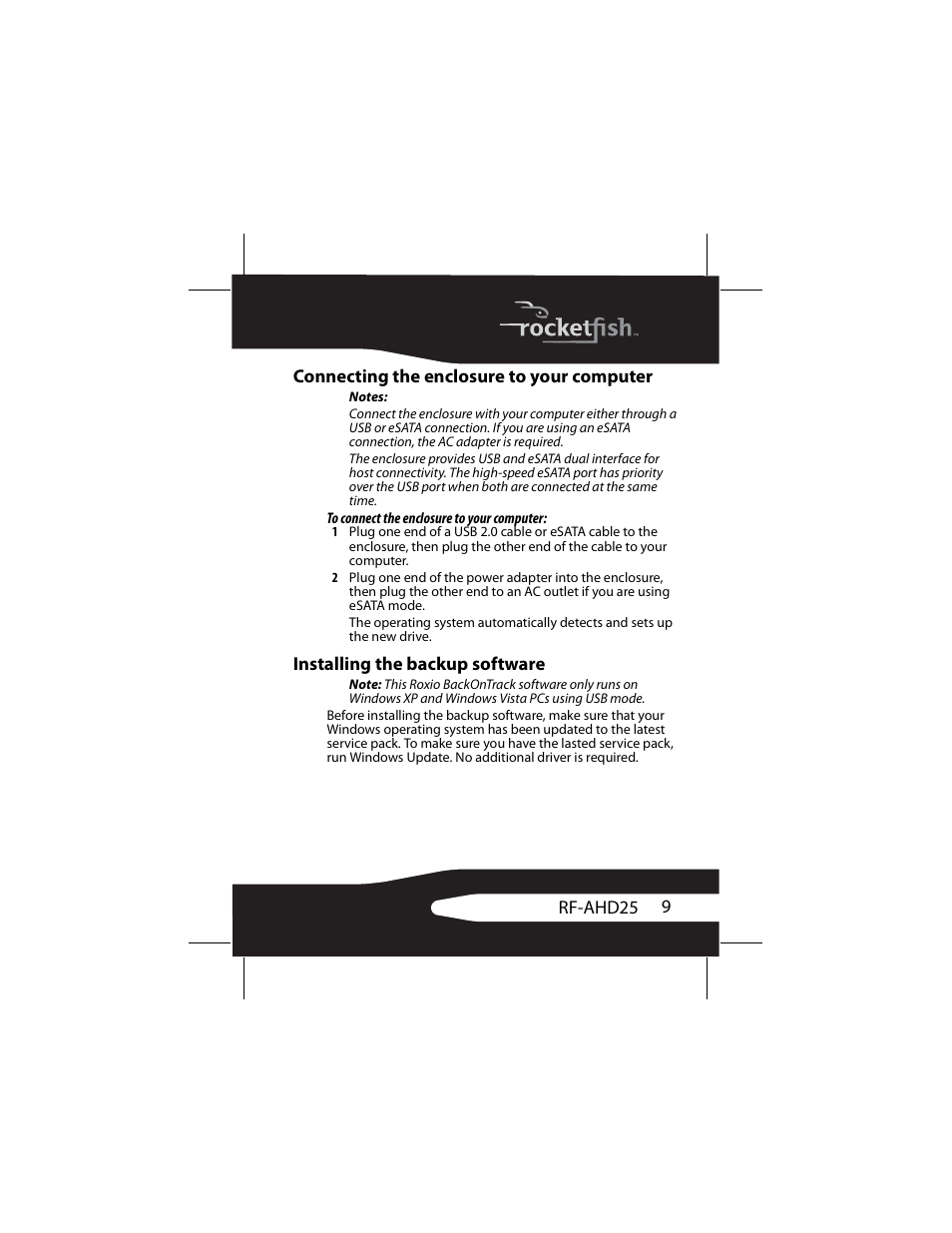 Connecting the enclosure to your computer, Installing the backup software | RocketFish RF-AHD25 User Manual | Page 9 / 96