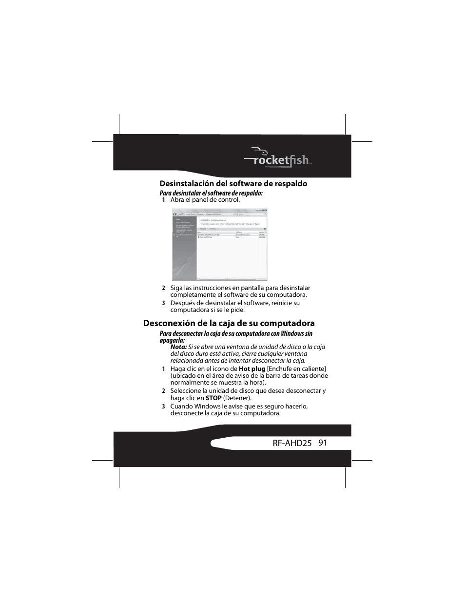 Desinstalación del software de respaldo, Desconexión de la caja de su computadora | RocketFish RF-AHD25 User Manual | Page 91 / 96