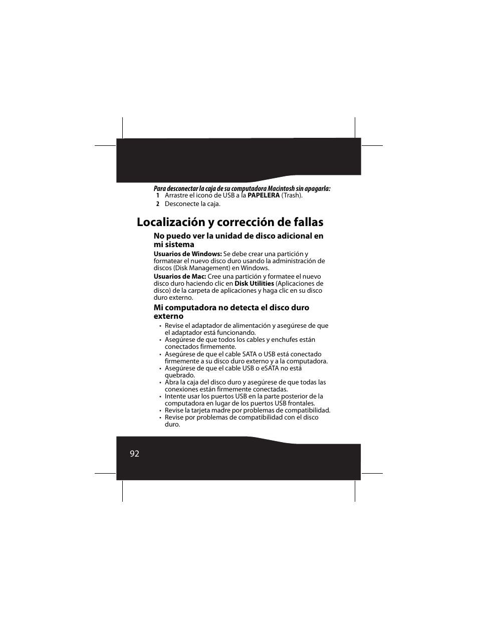 Localización y corrección de fallas, Mi computadora no detecta el disco duro externo | RocketFish RF-AHD25 User Manual | Page 92 / 96