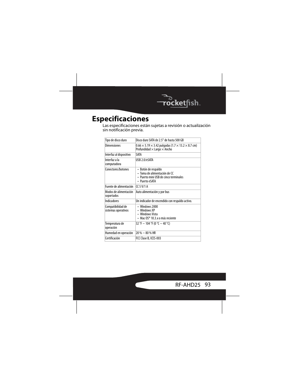 Especificaciones, 93 rf-ahd25 | RocketFish RF-AHD25 User Manual | Page 93 / 96
