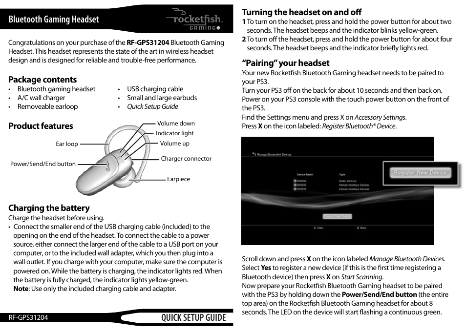 RocketFish BLUETOOTH GAMING HEADSET RF-GPS31204 User Manual | 2 pages