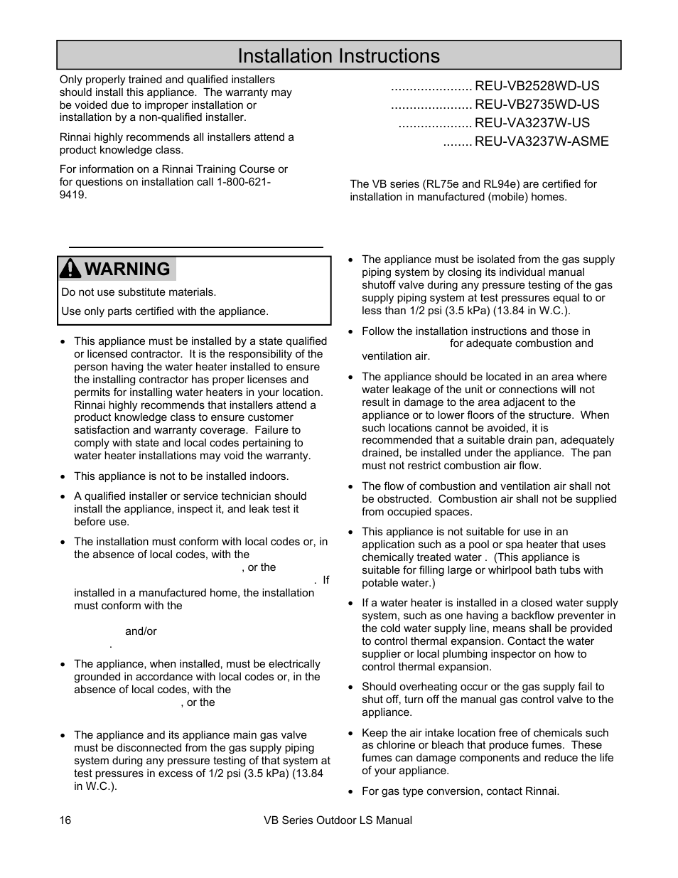 Installation instructions, Warning, General instructions | Rinnai RL75E User Manual | Page 16 / 60