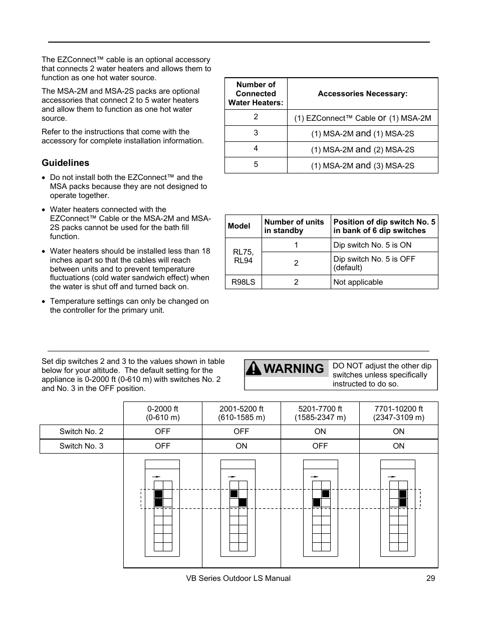 Warning, High altitude installations, Connecting multiple water heaters | Rinnai RL75E User Manual | Page 29 / 60