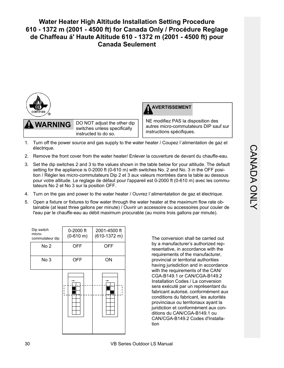 Canada onl y, Warning | Rinnai RL75E User Manual | Page 30 / 60