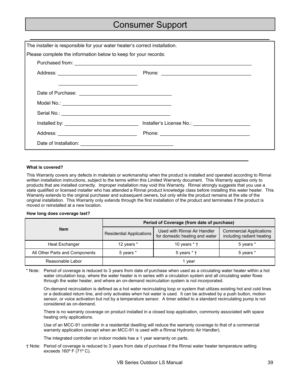 Consumer support | Rinnai RL75E User Manual | Page 39 / 60