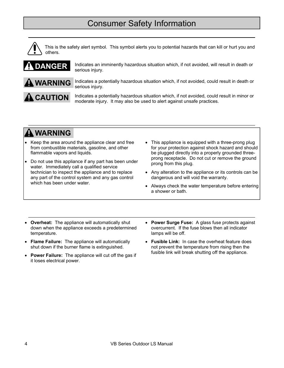 Consumer safety information, Warning, Danger caution warning | Rinnai RL75E User Manual | Page 4 / 60