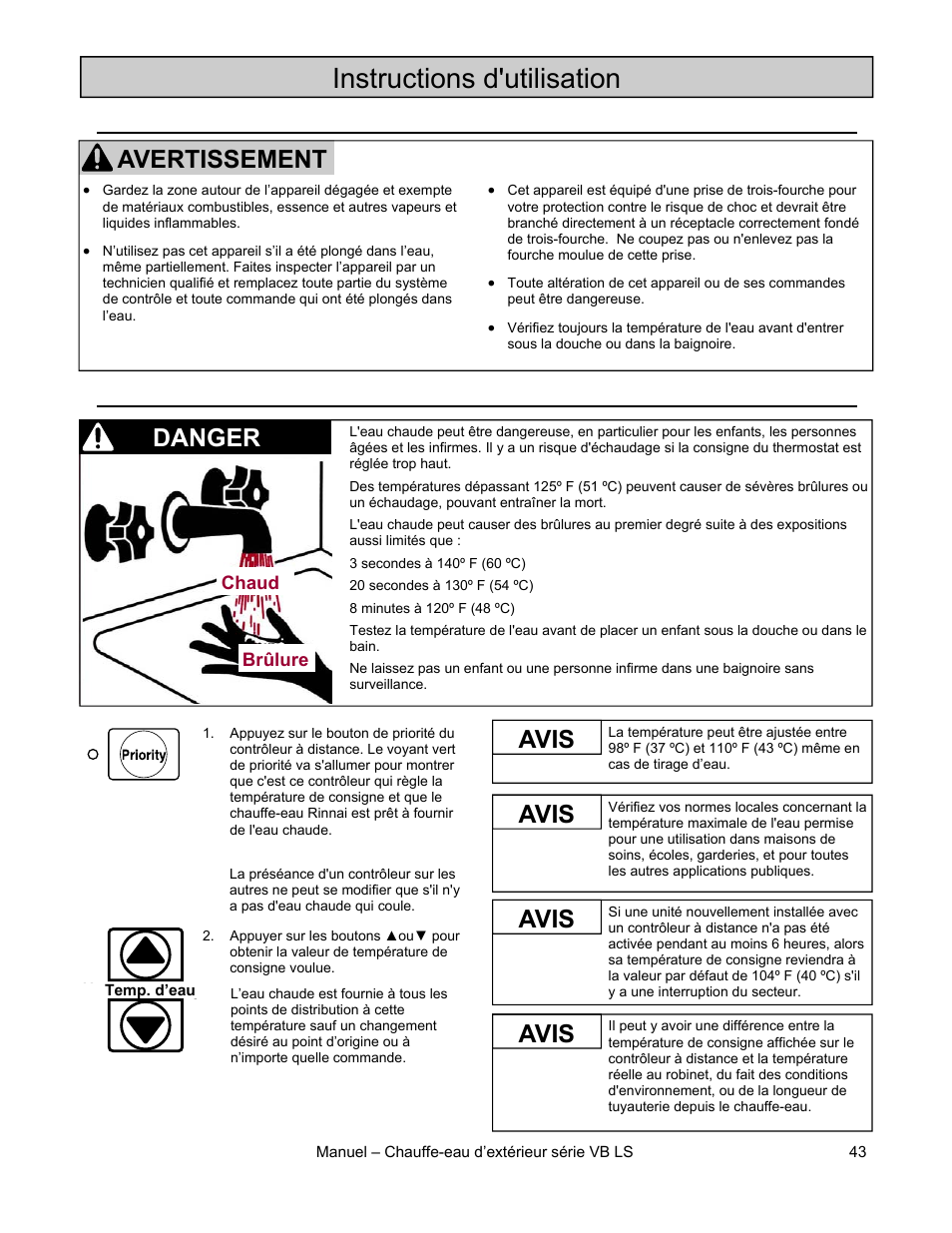 Instructions d'utilisation, Avertissement, Avis danger | Avis | Rinnai RL75E User Manual | Page 43 / 60