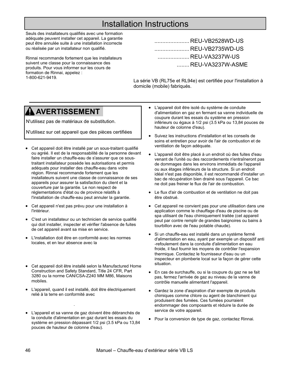 Installation instructions, Avertissement | Rinnai RL75E User Manual | Page 46 / 60