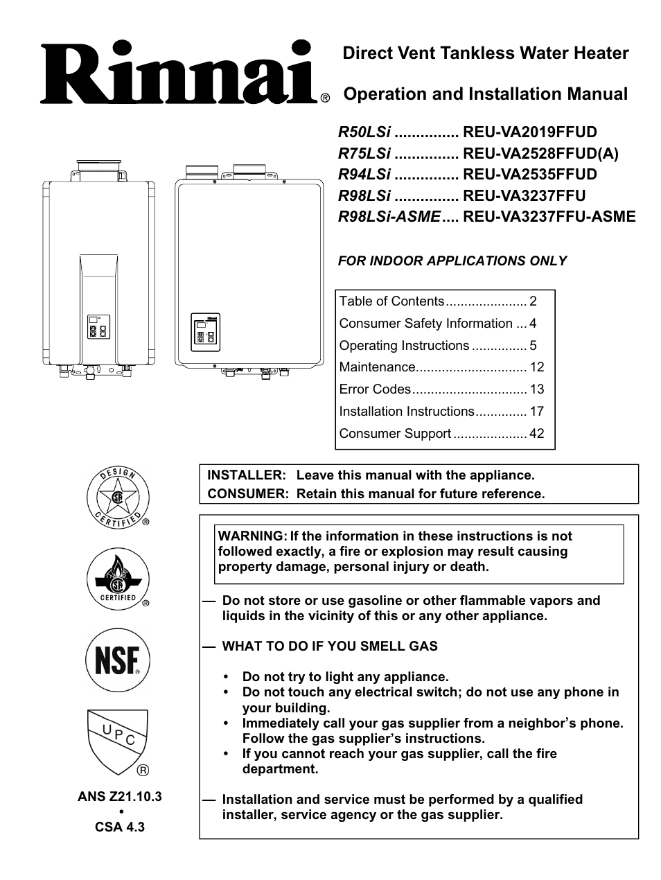 Rinnai REU-VA3237FFU User Manual | 44 pages