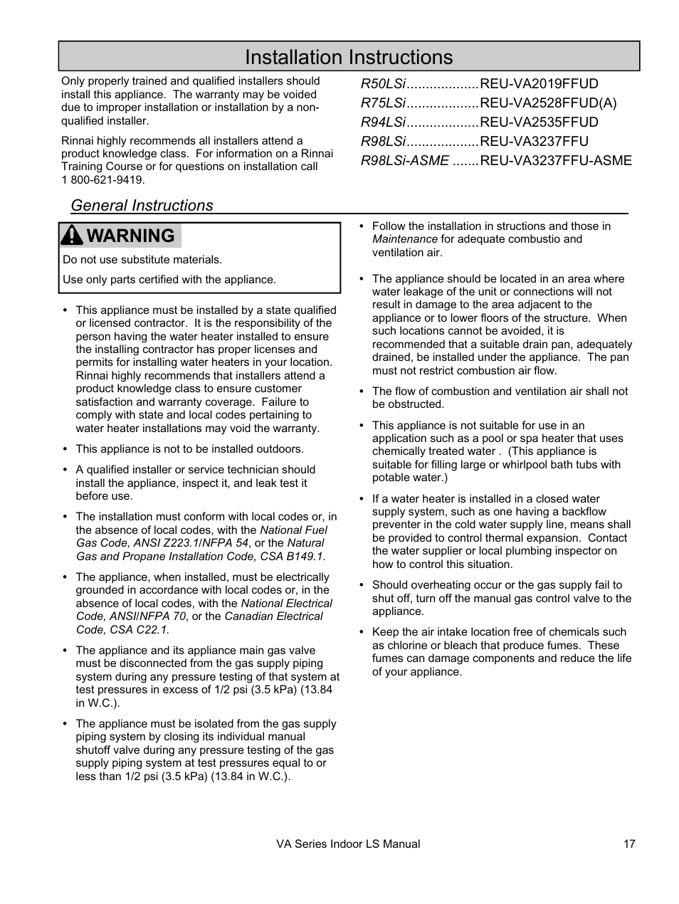 Installation instructions, Warning | Rinnai REU-VA3237FFU User Manual | Page 17 / 44